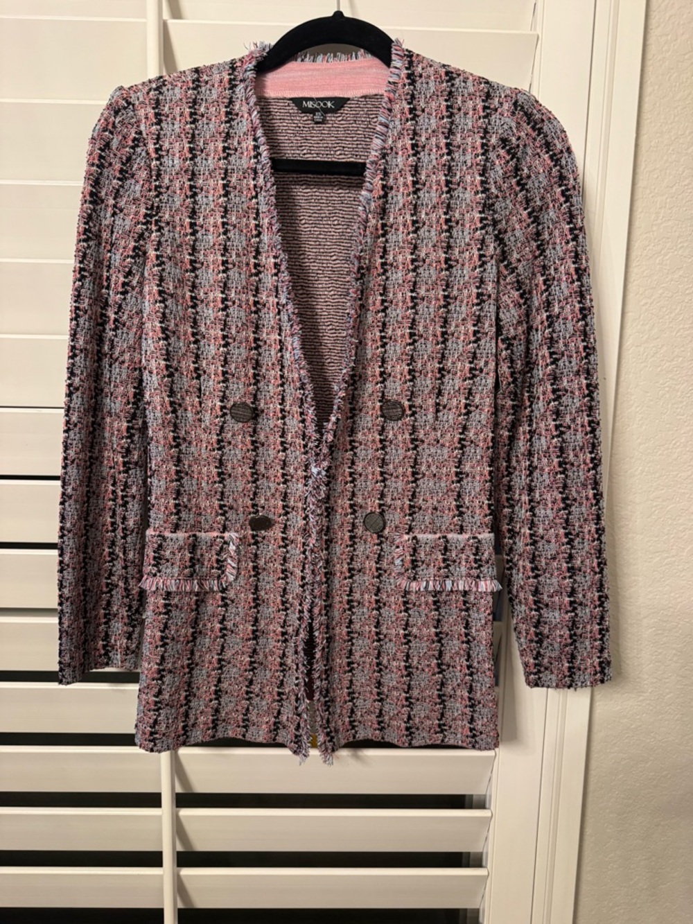 Misook Pink and Black Textured Tweed Double-Breasted Blazer